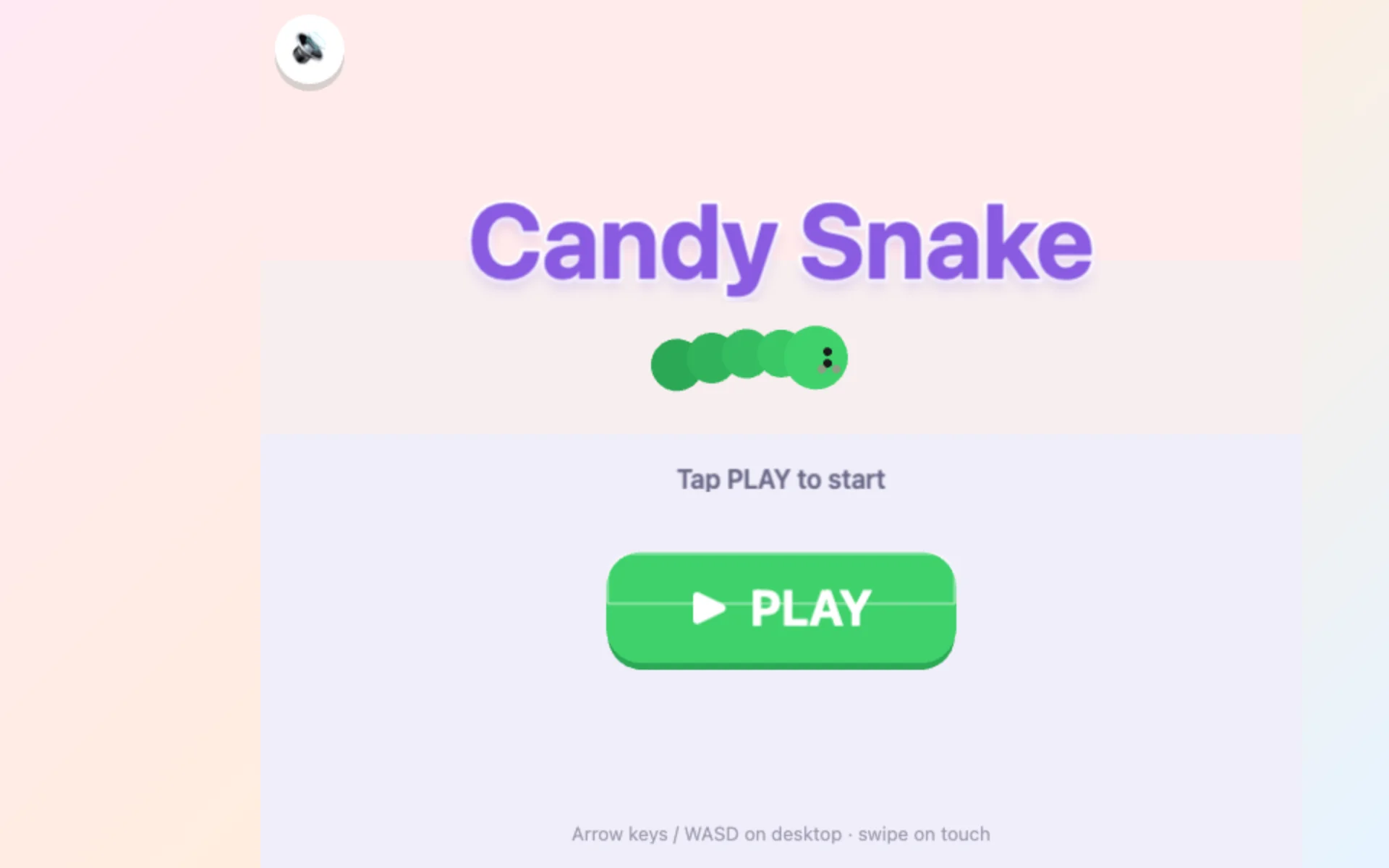 Candy Snake title screen: a green pixel snake and a large green PLAY button on a soft pastel background.