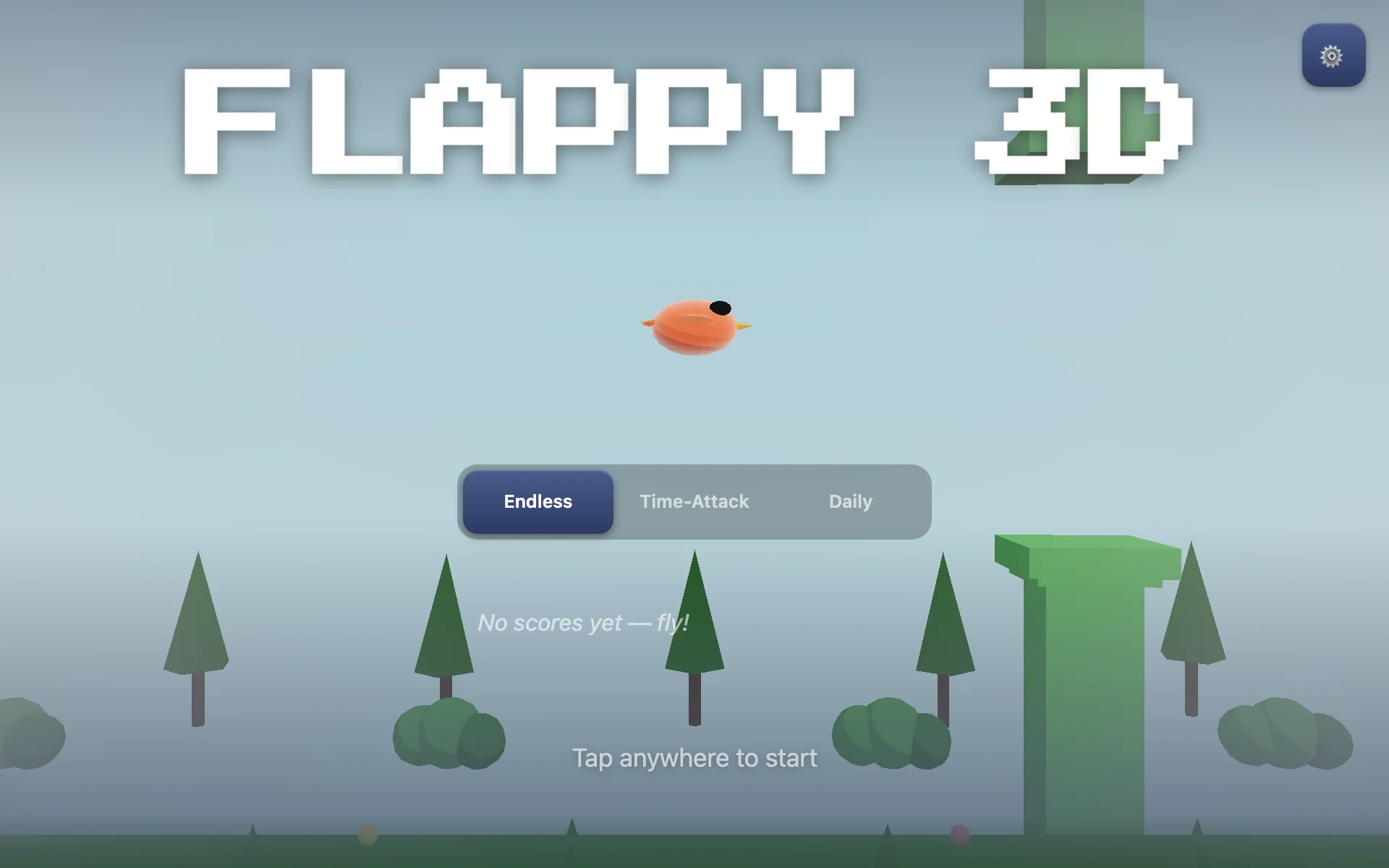 Flappy 3D title screen: a cel-shaded orange bird flying past green pixel pipes and pine trees, with a pixel "FLAPPY 3D" logo above.
