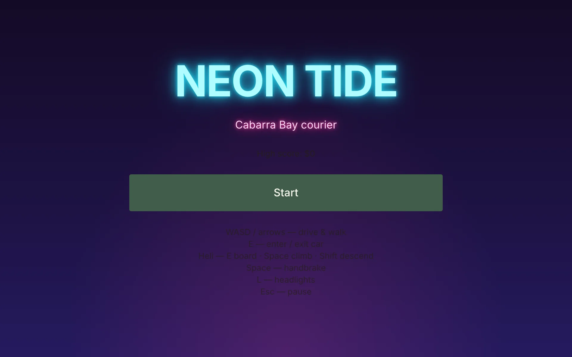 Neon Tide title screen: a glowing cyan "NEON TIDE" wordmark and a pink "Cabarra Bay courier" tagline over a deep violet gradient, with a large Start button.